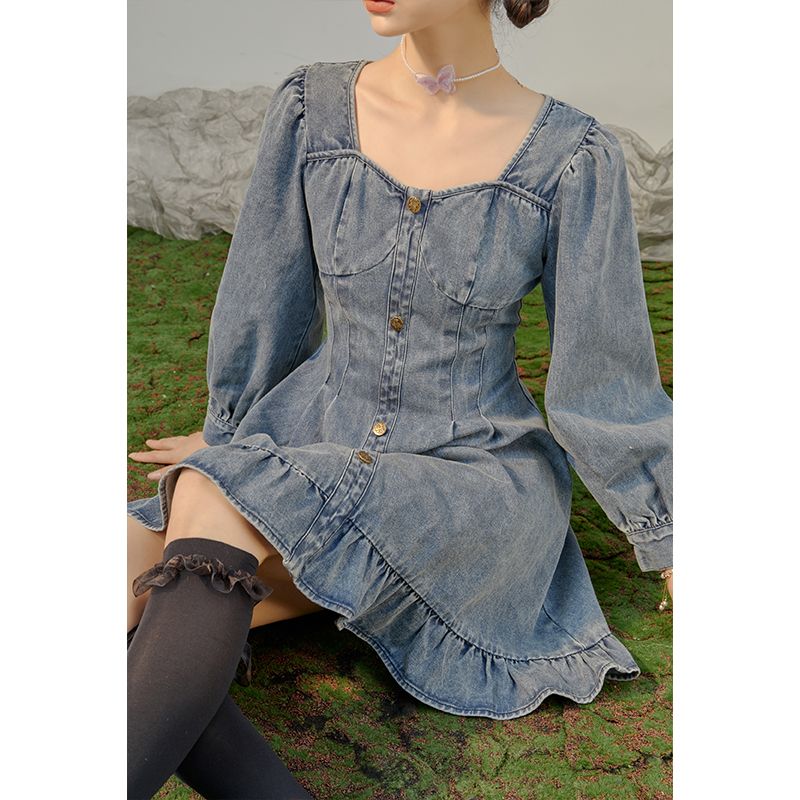  chic niche denim dress retro square collar vintage vintage skirt sweet short-sleeved princess skirt