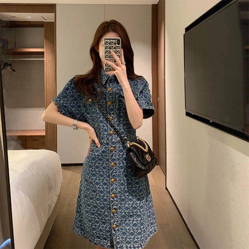 Design sense polo collar denim dress women's clothing 2022 spring and summer new niche French waist mid-length skirt
