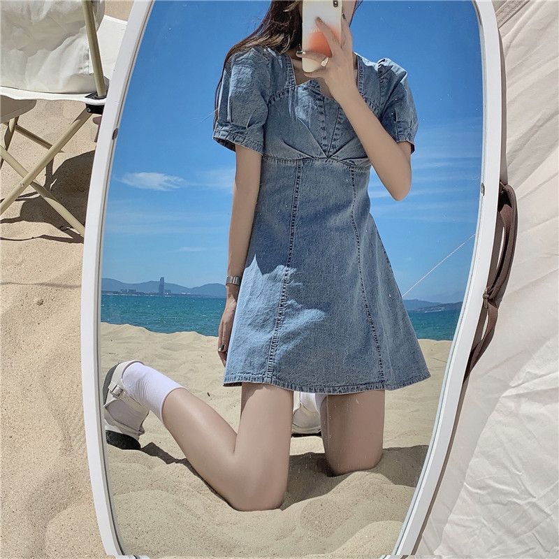 Denim skirt waist dress 2022 new summer women's dress can be salt sweet square collar design feeling small skirt