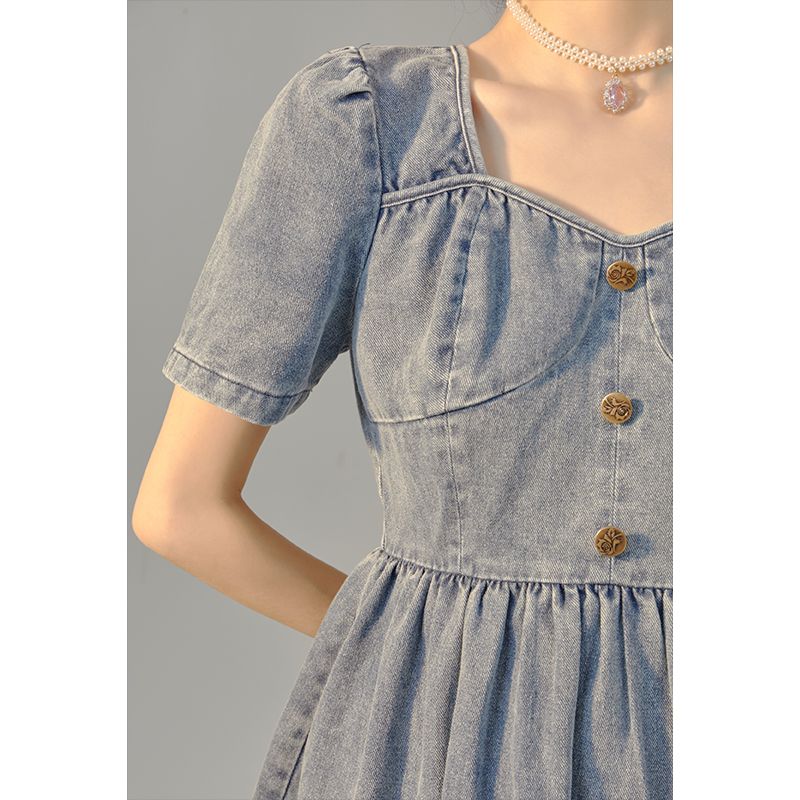  chic niche denim dress retro square collar vintage vintage skirt sweet short-sleeved princess skirt