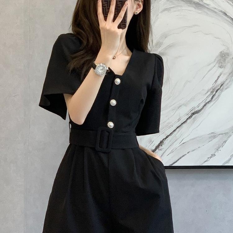 Summer French new temperament waist retro jumpsuit wide-leg pants Hepburn style doll collar jumpsuit shorts suit female