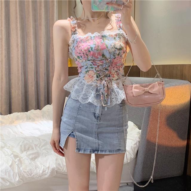 Sweet hot girl lace small camisole female summer short tight-fitting floral inner bottoming shirt pure desire top outerwear