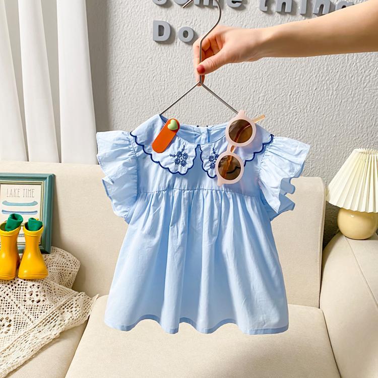 Girls short-sleeved top summer new 2022 small children's clothing Korean version of doll skirt shirt baby solid color clothes
