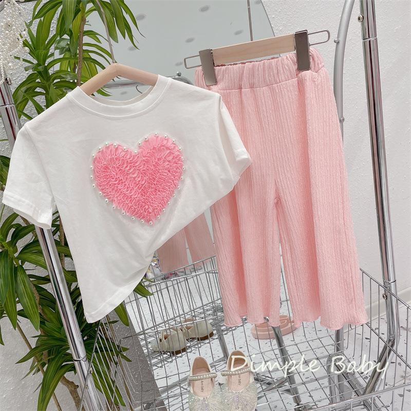 2022 summer Korean style girl's foreign style beaded three-dimensional love short-sleeved girl fashion all-match casual T-shirt top