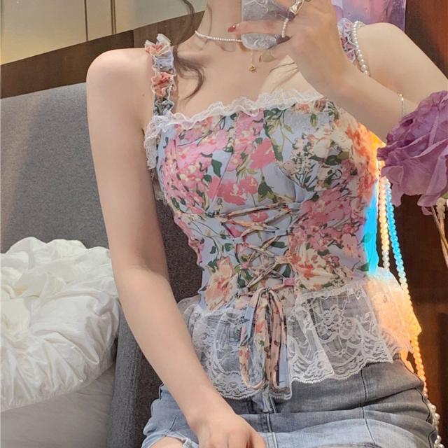 Sweet hot girl lace small camisole female summer short tight-fitting floral inner bottoming shirt pure desire top outerwear