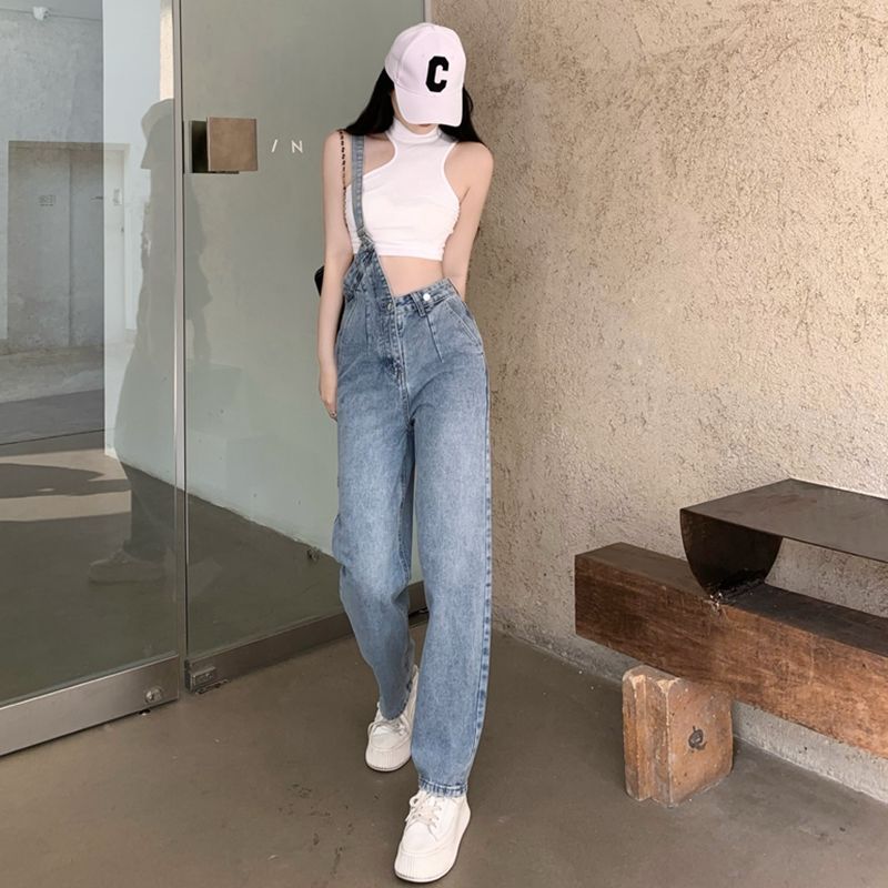 Diagonal shoulder one-shoulder suspenders  new super high-waisted trousers with a design sense niche jeans loose drape mopping trousers