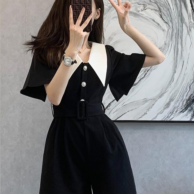 Summer French new temperament waist retro jumpsuit wide-leg pants Hepburn style doll collar jumpsuit shorts suit female