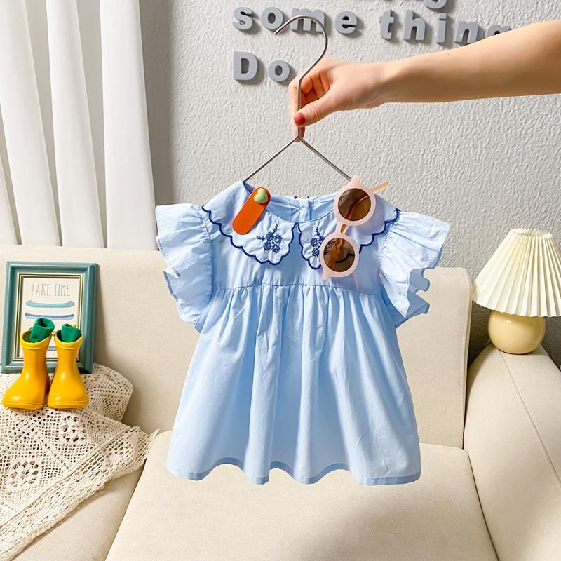 Girls short-sleeved top summer new 2022 small children's clothing Korean version of doll skirt shirt baby solid color clothes