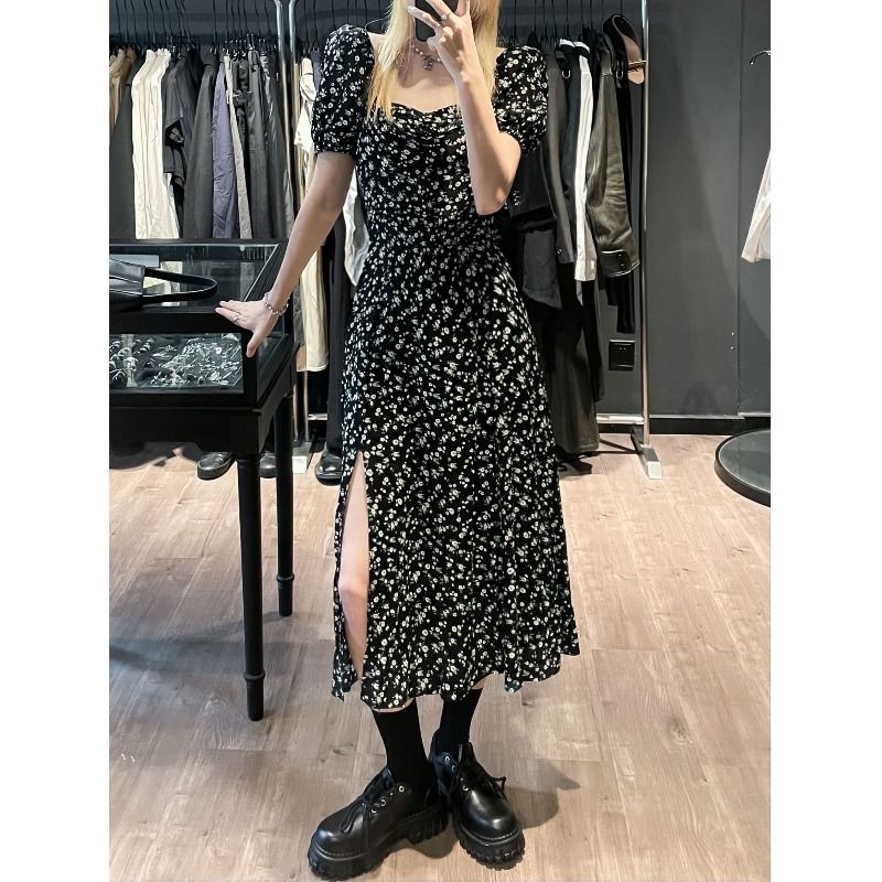 Floral Dress Women's Summer 2022 New French First Love Dress Tea Break Square Neck Puff Sleeve Slit A-Line Skirt