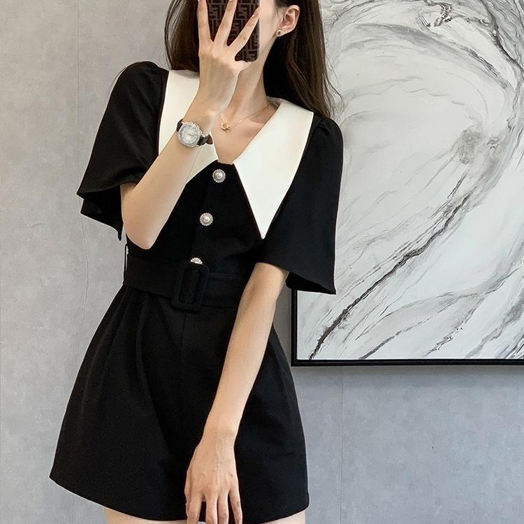 Summer French new temperament waist retro jumpsuit wide-leg pants Hepburn style doll collar jumpsuit shorts suit female