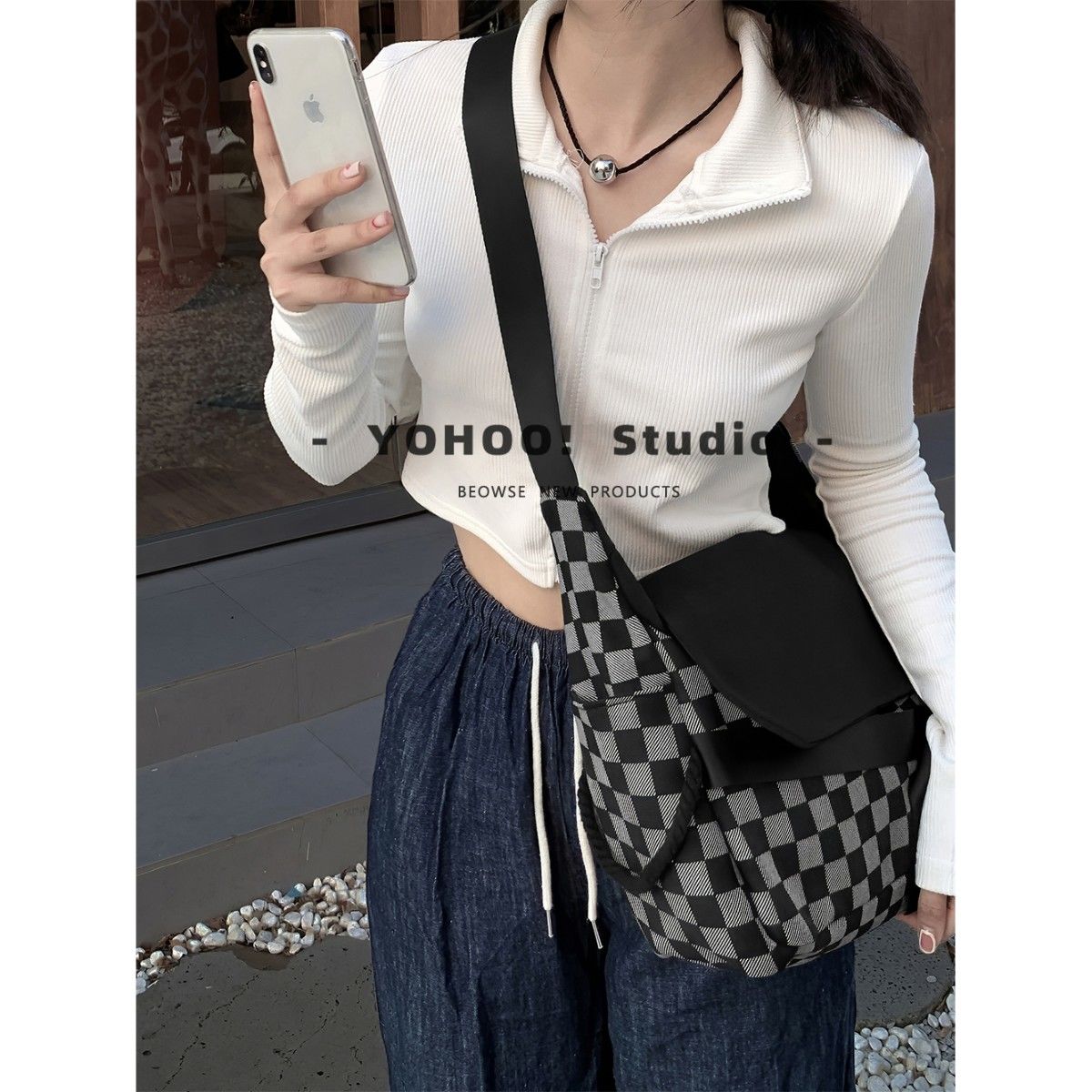 YOHOO!/酷颯INS質感灰黑棋盤格百搭日系斜挎包男女單肩帆布袋書包