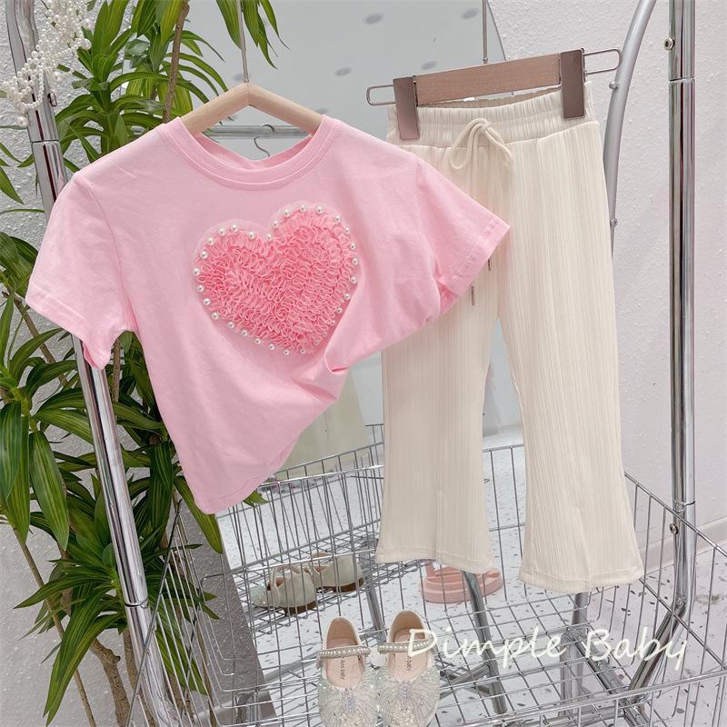 2022 summer Korean style girl's foreign style beaded three-dimensional love short-sleeved girl fashion all-match casual T-shirt top