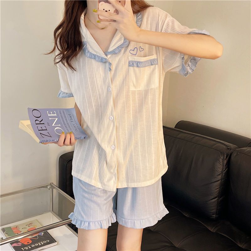Net red ins summer plaid lapel short-sleeved pajamas female summer  thin section shorts home service suit female