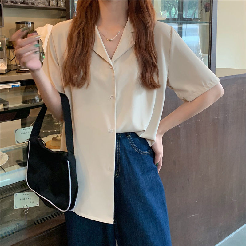 Spring 2022 New Retro Hong Kong style suit collar loose outer wear versatile salt white short sleeve shirt top women