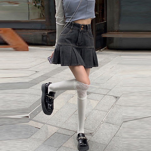 Lined denim skirt female small hot girl high waist slimming design sense niche pleated skirt A-line skirt