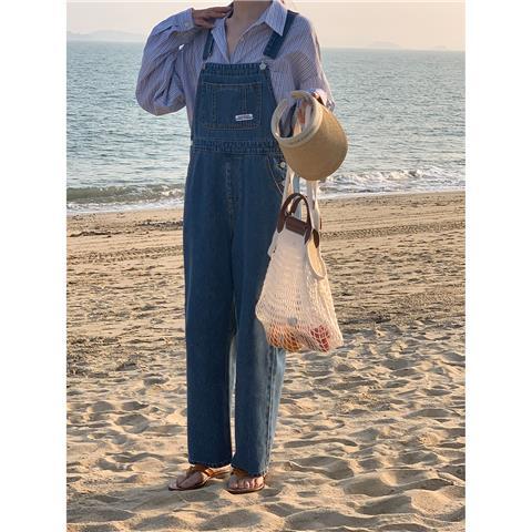  spring and summer retro age-reducing blue denim overalls women's Korean style loose and thin straight-leg wide-leg trousers