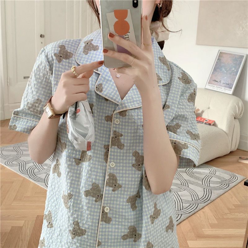 Net red ins summer plaid lapel short-sleeved pajamas female summer  thin section shorts home service suit female