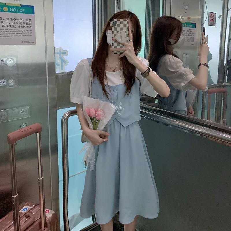 Fake two-piece French short-sleeved dress women's summer 2023 new high-waist niche design skirt a-line skirt