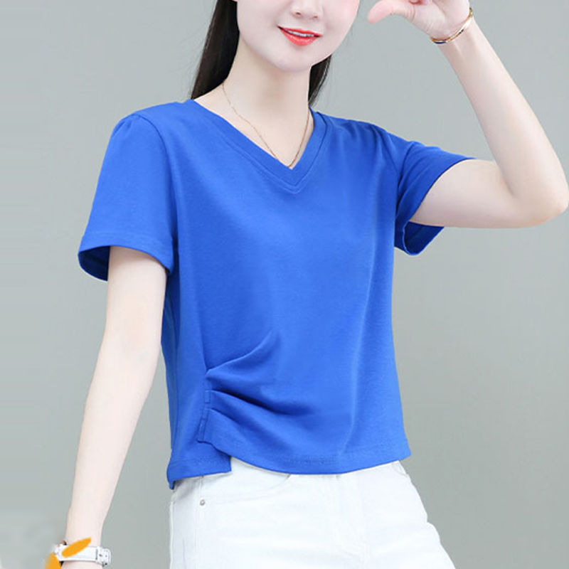 克莱因蓝女装短袖T恤短款修身显瘦年新款夏季半袖V领上衣