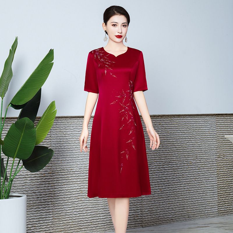 婚宴妈妈礼服中式旗袍醋酸缎高贵气质中长喜婆婆参加婚礼春夏新款