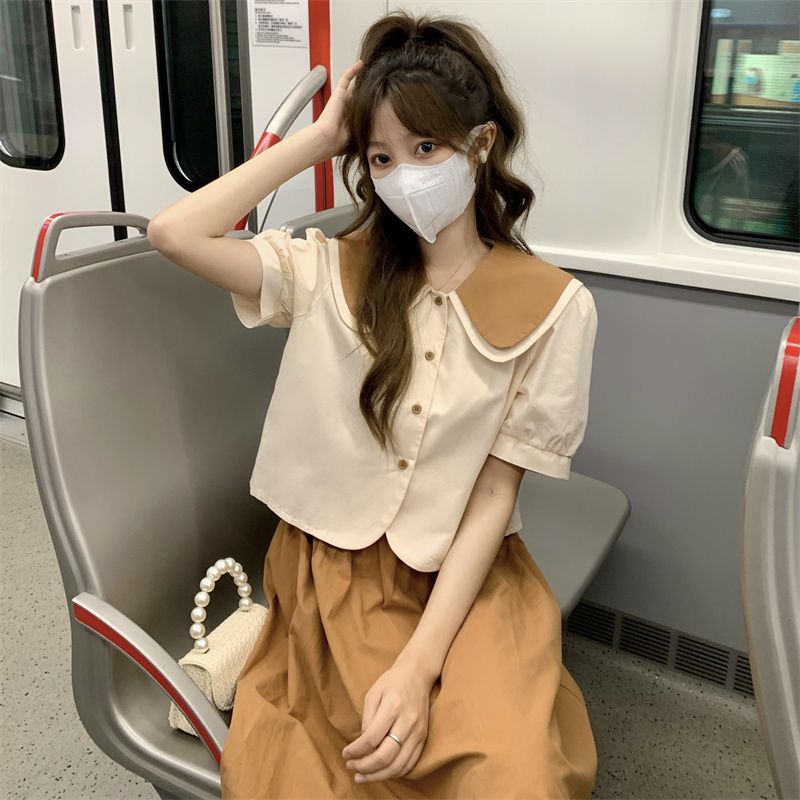 套裝女2022夏季新款時尚氣質雙層娃娃領上衣+高腰半身裙兩件套裝