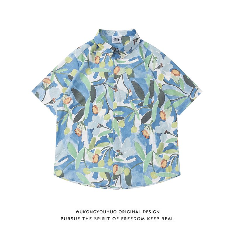 Wukong is in stock Japanese retro floral print short-sleeved shirt men's tide brand street oversize casual floral shirt