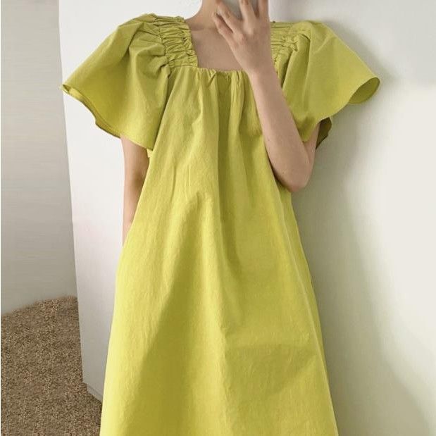 Korean chic summer lazy wind thin small square collar loose casual pleated trumpet sleeve dress mid-length skirt female