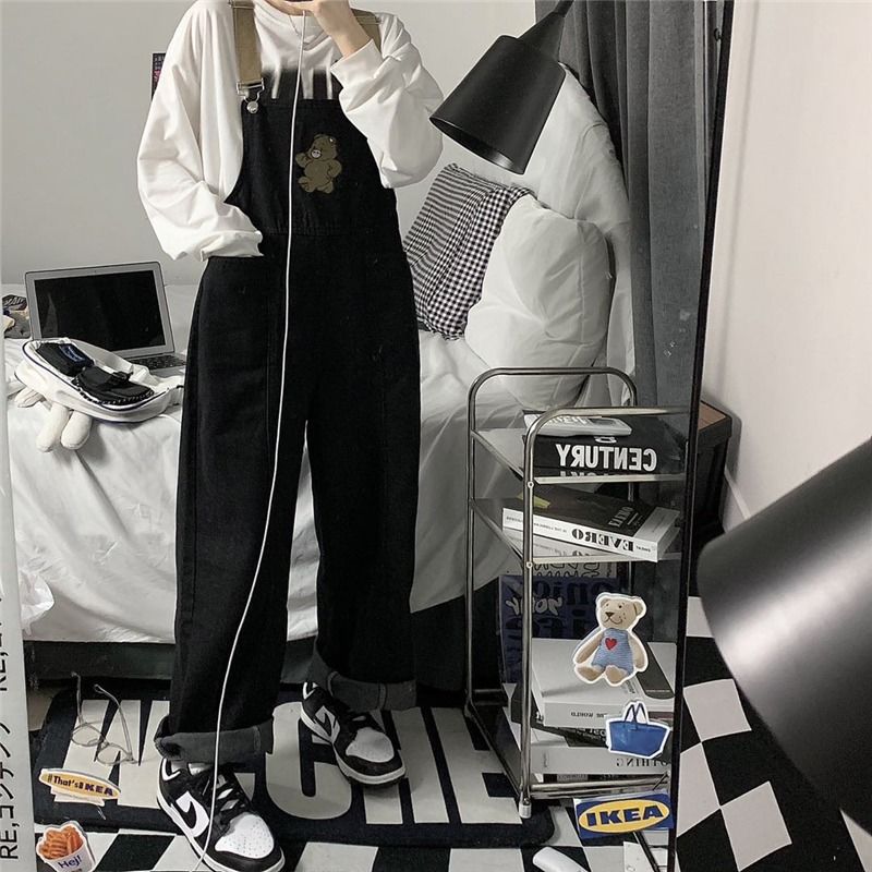  new one-piece overalls women's sweet cool bear slim jeans trousers loose high waist straight wide leg pants