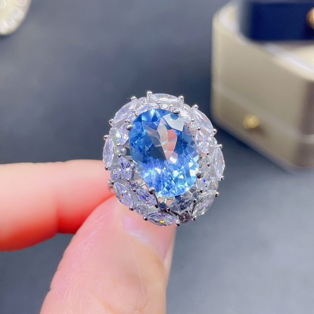 Luxury Swiss Blue Topaz Ring With High-carbon Diamonds For Women_voghion.com