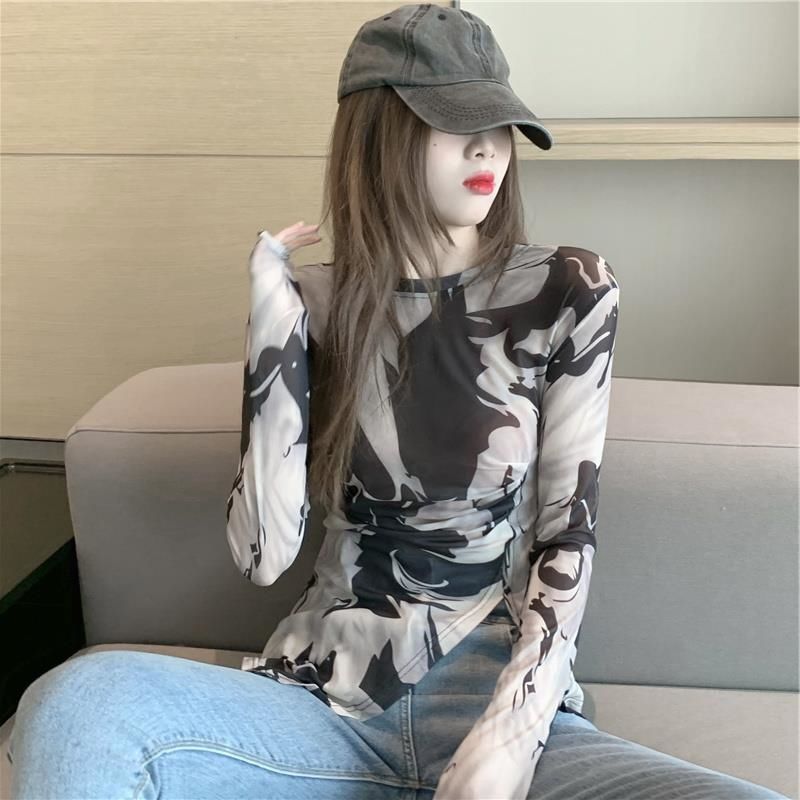 chic不規則開叉網紗打底衫上衣女早春韓版設計感顯瘦印花長袖t恤
