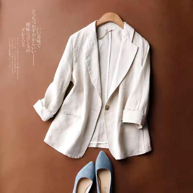 Japanese high-end foreign trade export tail single linen small suit jacket women's cotton linen Korean version three-quarter sleeve one-button suit