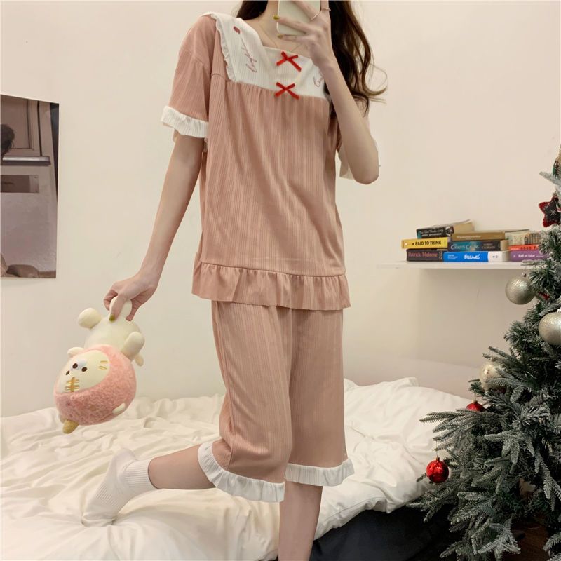 Japanese sweet ins style cute plaid pajamas women's summer day short-sleeved shorts home service two-piece suit summer