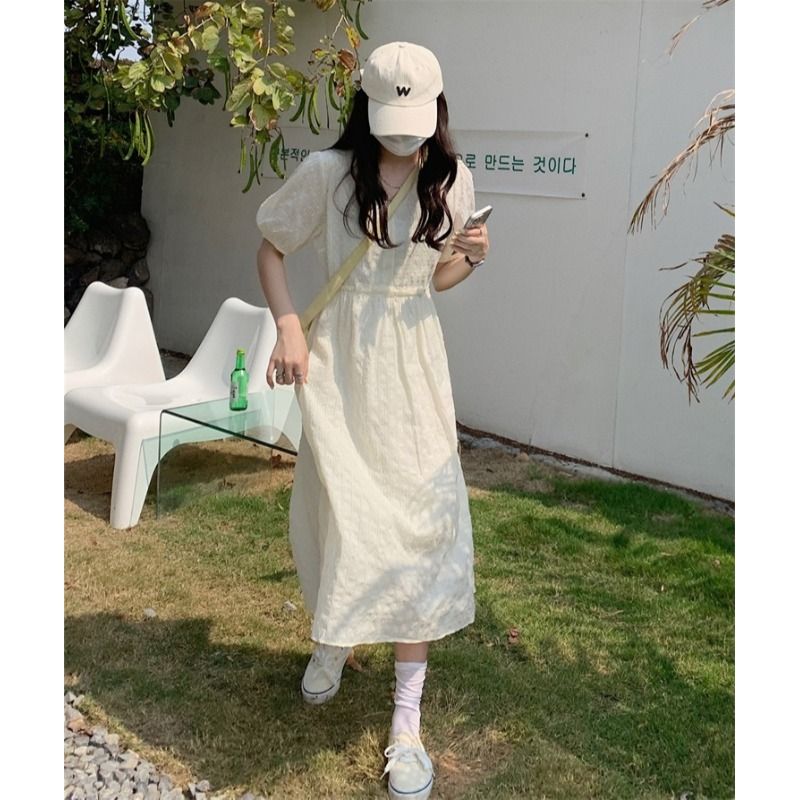 Puff sleeve dress women's  summer new v-neck design high waist slimming mid-length a-line skirt trendy