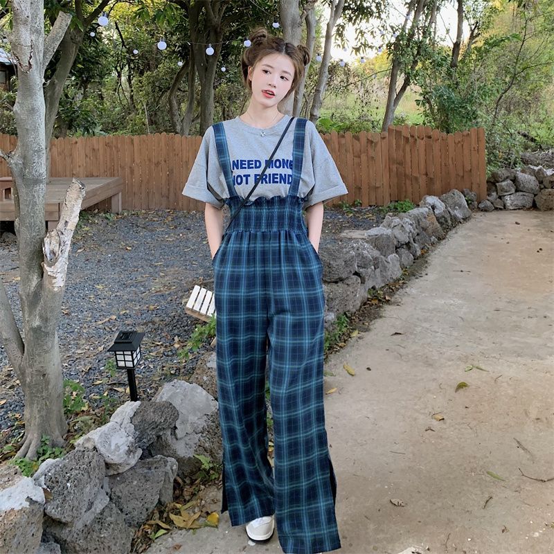 Age-reducing plaid overalls fashion suit women's spring and summer 2022 new design casual slit wide-leg long pants [end on February 15]