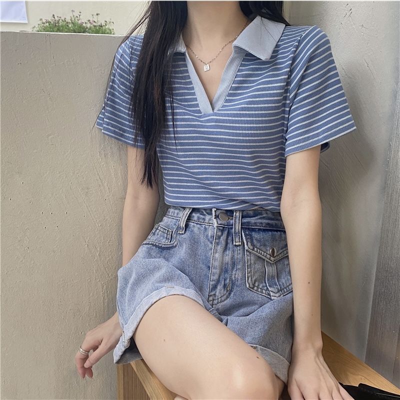 兩件套裝/單件夏季小個子俏皮條紋翻領POLO衫短袖上衣+牛仔短褲子