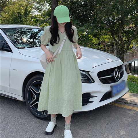 Puff sleeve dress women's  summer new v-neck design high waist slimming mid-length a-line skirt trendy