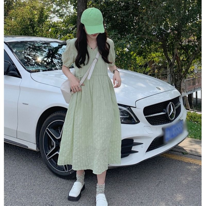 Puff sleeve dress women's  summer new v-neck design high waist slimming mid-length a-line skirt trendy