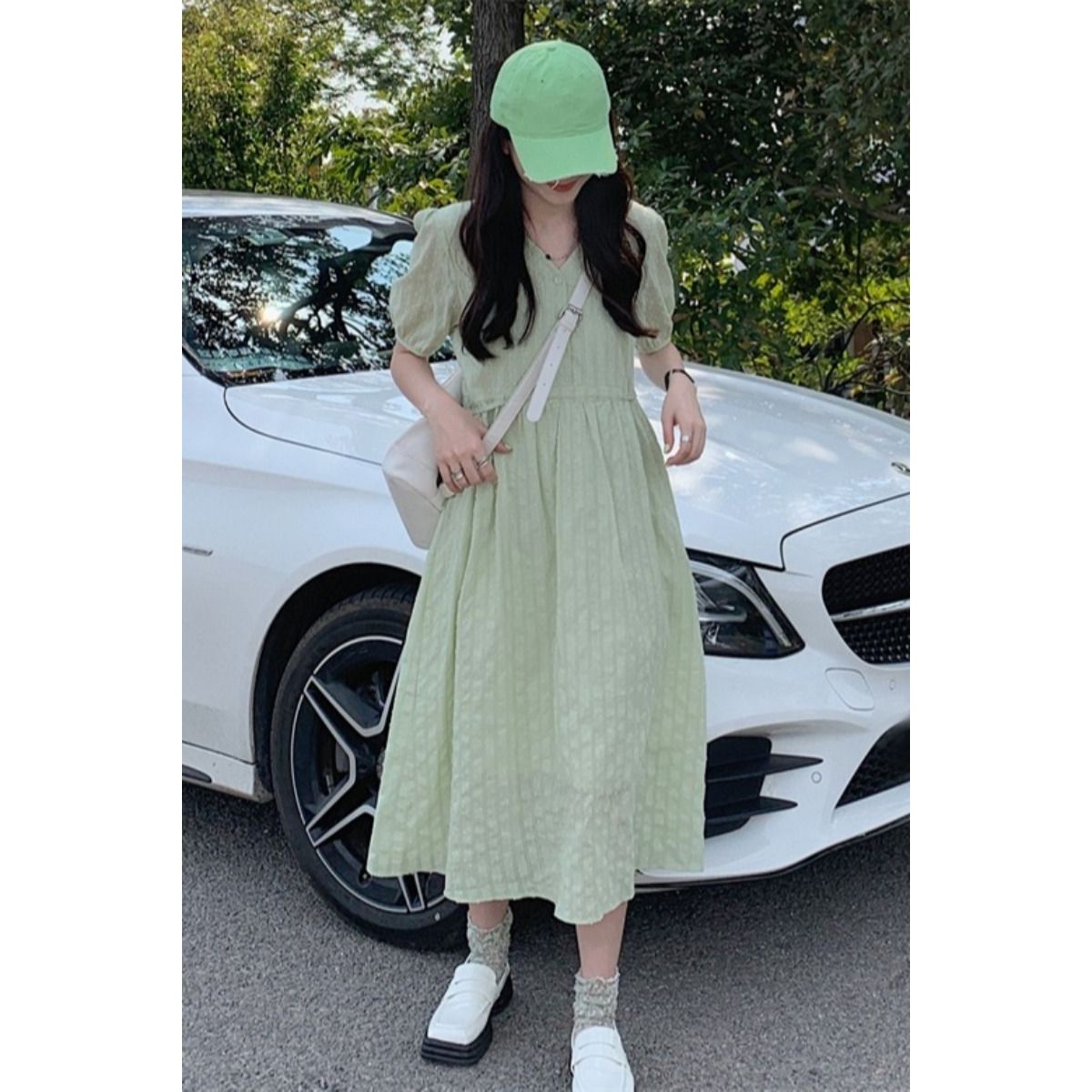 Puff sleeve dress women's  summer new v-neck design high waist slimming mid-length a-line skirt trendy