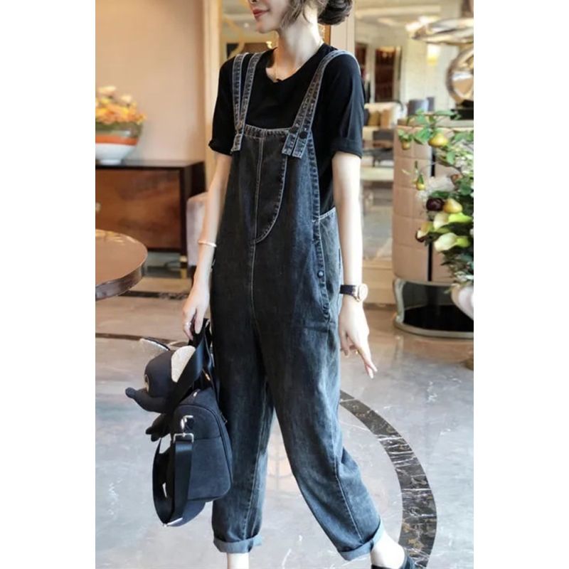 European station  spring and autumn new women's clothing thin section denim overalls suit foreign style age reduction Korean version loose summer