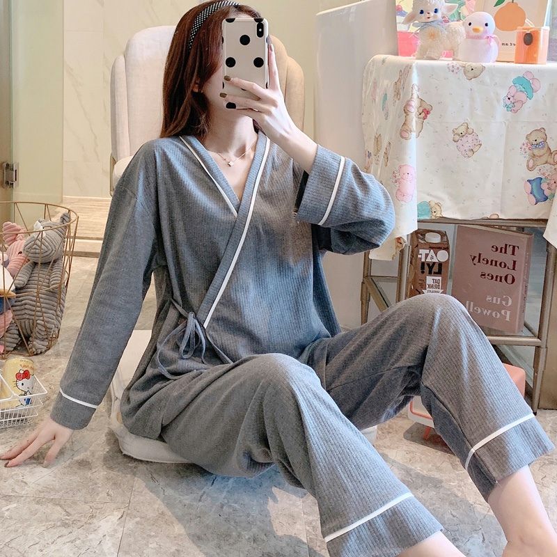 200 catties 300 catties plus fertilizer plus size cotton simple gray kimono long-sleeved pajamas confinement suit in spring and summer