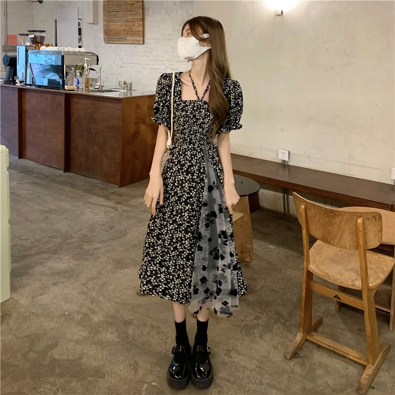 Floral square collar dress women spring and summer 2022 new French retro design sense mesh stitching mid-length skirt