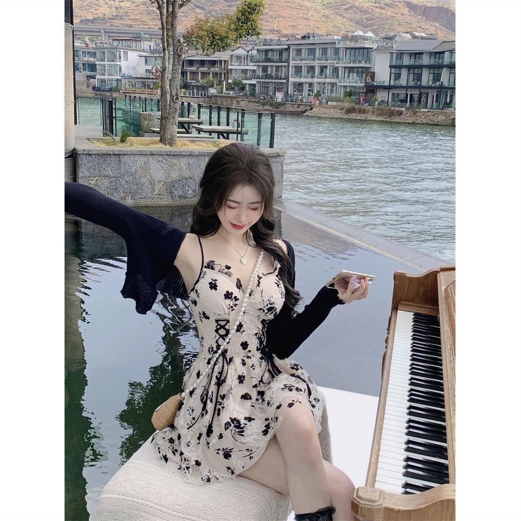 Jiangpan stunning summer new floral V-neck waist A-line lace pure lust suspender dress women's cardigan