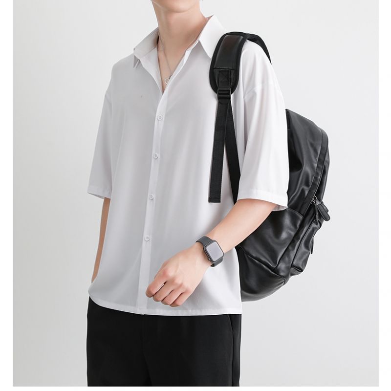 Black and white ice silk shirt men's summer thin short sleeve DK uniform trend loose casual seven point sleeve ruffian handsome
