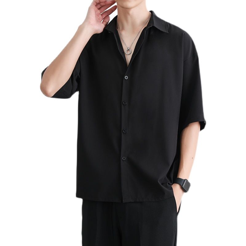 Black and white ice silk shirt men's summer thin short sleeve DK uniform trend loose casual seven point sleeve ruffian handsome