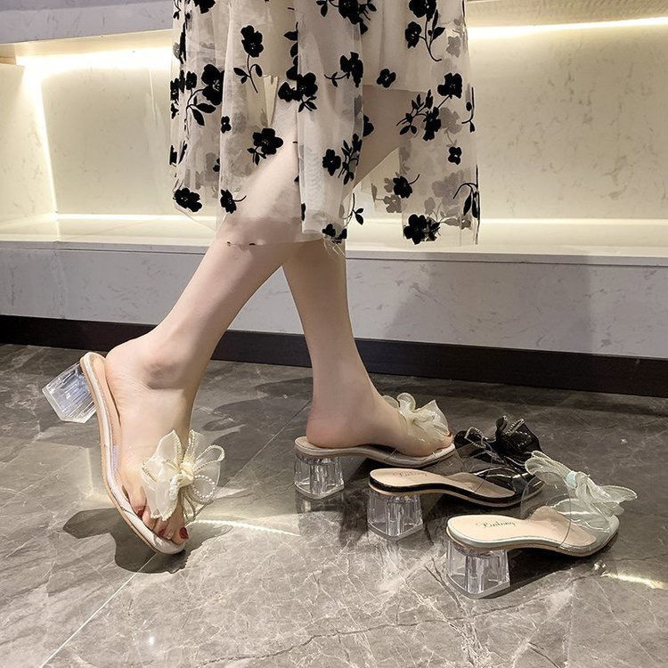 網紅拖鞋女夏外穿2022新款粗跟百搭方頭時尚蝴蝶結珍珠高跟一字拖