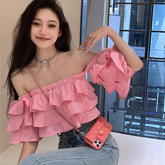 荷葉邊短袖襯衫女2022夏季新款法式短款襯衣一字肩設計感小眾上衣