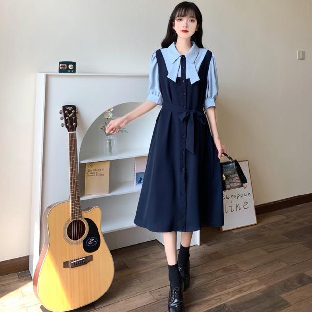 大碼女裝胖MM遮肉顯瘦假兩件連衣裙2023夏裝新款法式溫柔風長裙子
