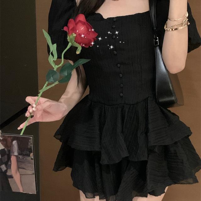 Black square collar short-sleeved dress female summer sweet hot girl waist temperament design sense niche fluffy short skirt