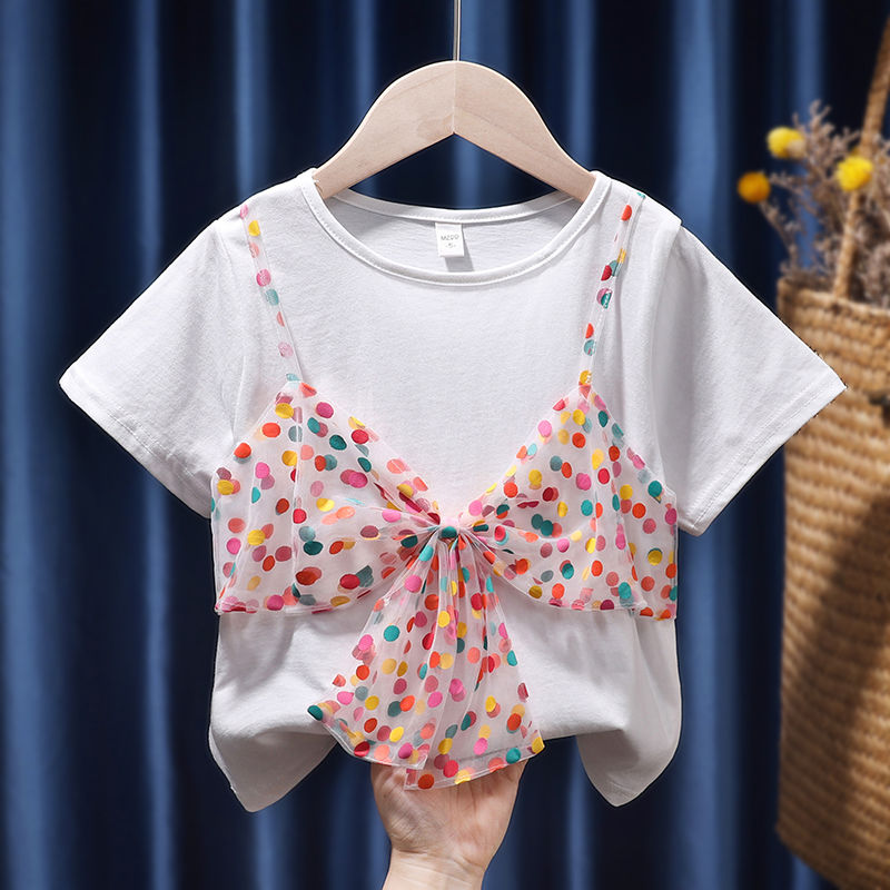 女童夏装短袖T恤宝宝婴幼儿韩版洋气碎花吊带短袖上衣打底衫1-8岁