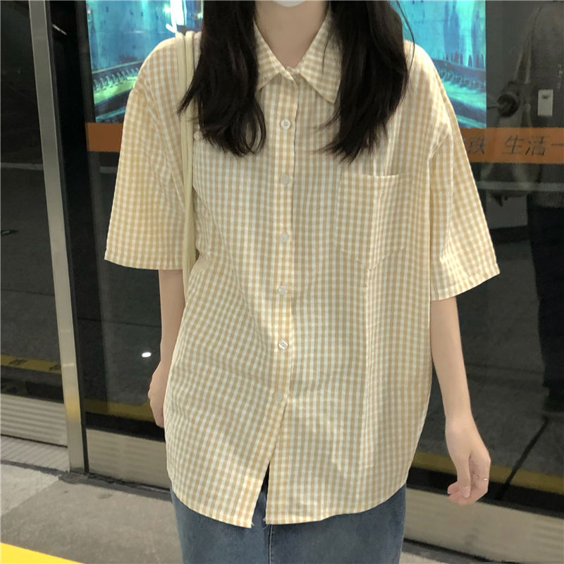 Japanese plaid short-sleeved shirt women's design sense niche summer thin section Korean version loose student casual chic top